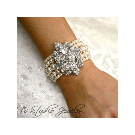 Pearl Cuff Wedding Bridal Bracelet 5 Strand With Crystal Flower