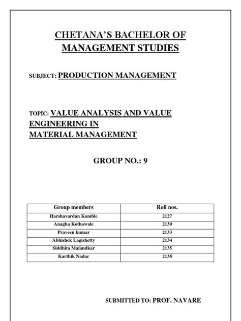 Value Analysis and Value Engineering in Material Management | PDF ...
