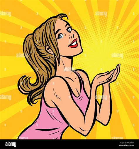 Young Woman Gesture Presentation Comic Cartoon Pop Art Retro Vector Illustration Drawing Stock