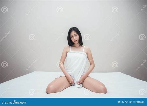 Beautiful Woman In Lingerie Sits In Bed Stock Image Image Of Brunette Underwear