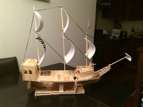 Angle Pirate Ship Made Out Of Popsicle Sticks Wooden Dowels And