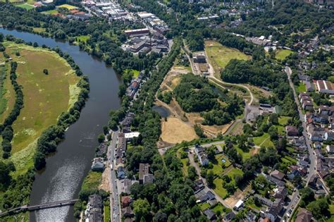 Mülheim an der Ruhr von oben Uferbereiche am Flußverlauf am