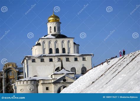 Golden Gates In Vladimir Town Russia At Blue Sky Background Editorial