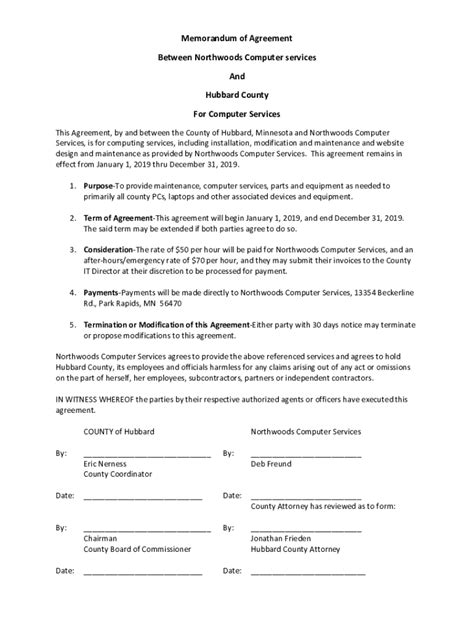 Fillable Online Memorandum Of Agreement Between Northwoods Fax