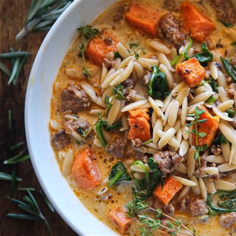 Creamy Butternut Squash And Sausage Soup With Orzo And Spinach