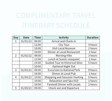 Complimentary Travel Itinerary Schedule Excel Template And Google