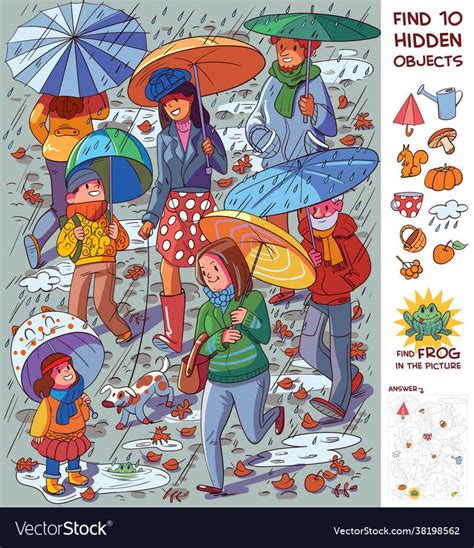 People With Umbrellas In Rain Find Hidden Vector Image On