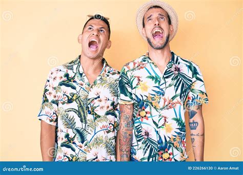 Joven Pareja Gay De Dos Hombres Con Sombrero De Verano Y Camisa Hawaiana Enojada Y Furiosa