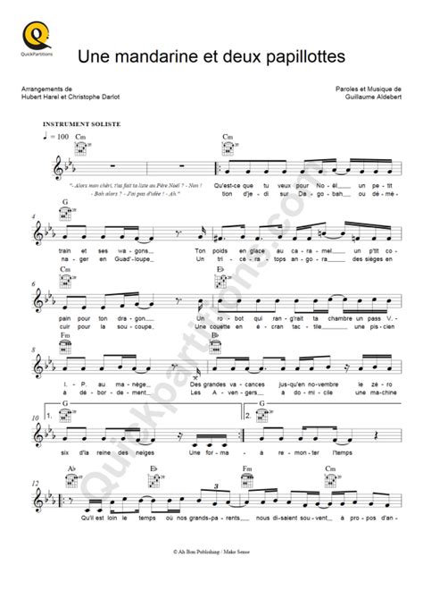 Partition Pour Instruments Solistes Une Mandarine Et Deux Papillottes