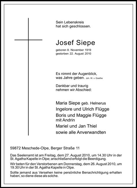 Traueranzeigen Von Josef Siepe Trauer In NRW De