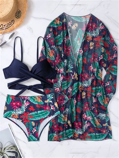 SHEIN Swim Classy Conjunto De Bikini Con Estampado Tropical Sujetador