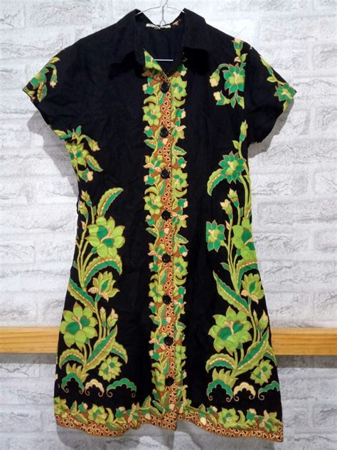 Dress Batik Hitam Bunga2 Hijau Fesyen Wanita Pakaian Wanita Gaun