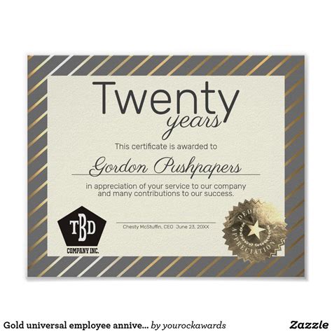 Gold universal employee anniversary certificate poster Corporate ...