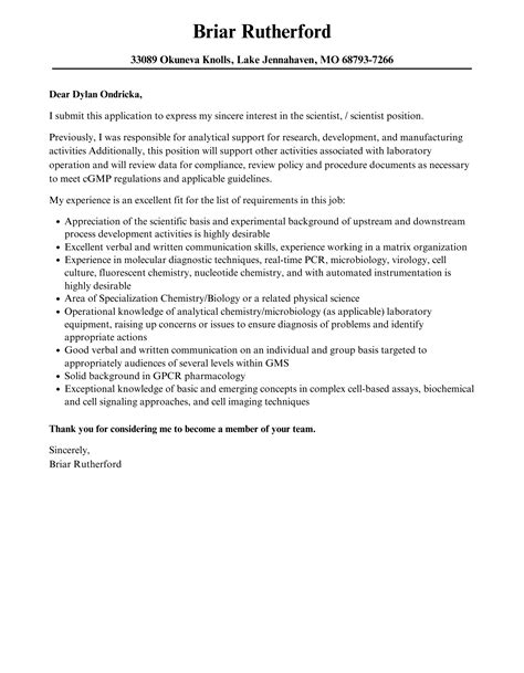 Scientist Scientist Cover Letter Velvet Jobs