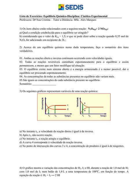 Equilíbrio Químico Lista Exercícios Pdf