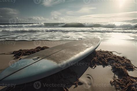 Prancha De Surfe Em A De Praia Com De Praia Placa Para Surfar área Viagem Aventura E água