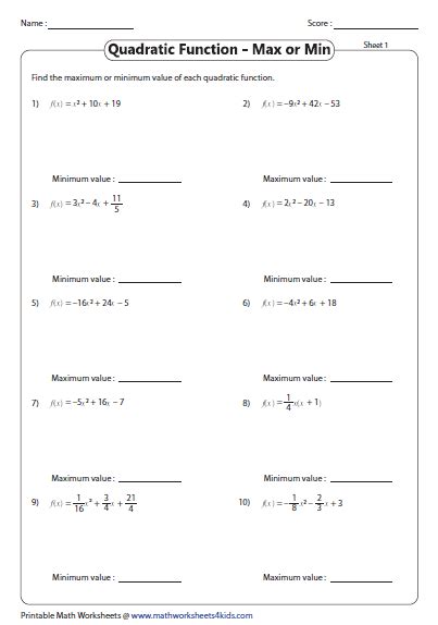 Quadratic Function Worksheets