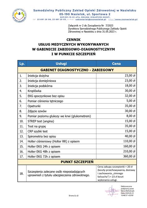 Cennik usług wykonywanych w gabinecie zabiegowo diagnostycznym i w