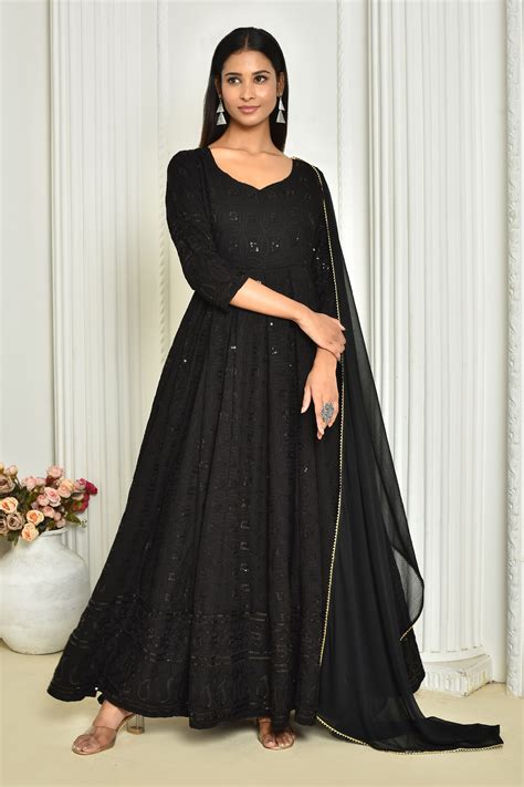 Buy Black Rayon Embroidered Sequins V Neck Leaf Chikankari Anarkali