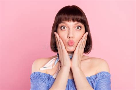 Photo Of Funky Cute Happy Young Woman Hold Hands Cheeks Wear Neck Scarf