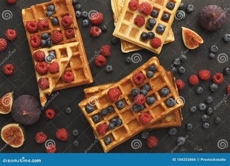 Round Belgium Waffles With Berries Top View Stock Photo Image Of