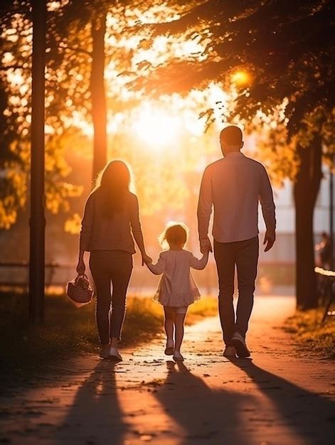 Una Familia Caminando Por Un Sendero Al Atardecer Foto Premium