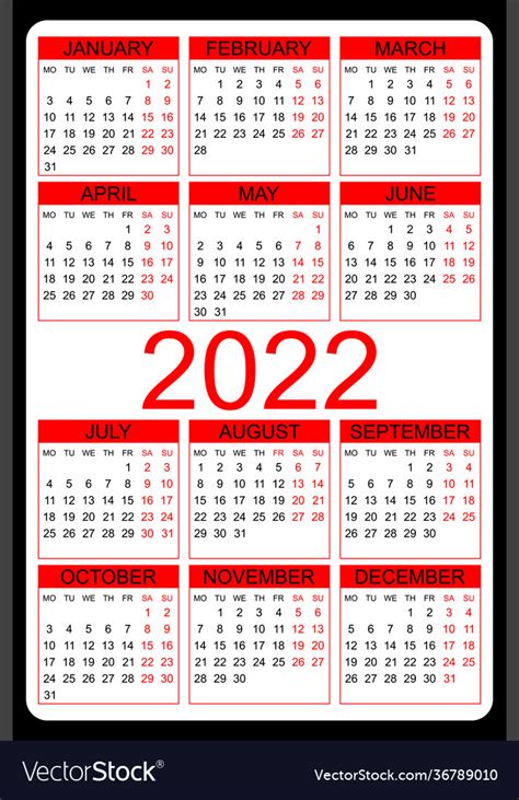 Calendar 2022 Yearly Royalty Free Vector Image