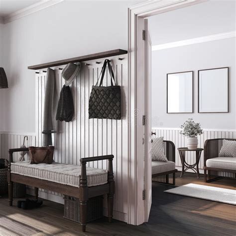 Farmhouse Wooden Hallway And Living Room In White And Dark Tones Bench