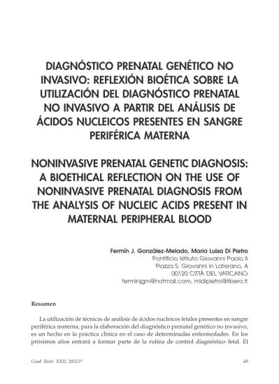 DIAGNÓSTICO PRENATAL GENÉTICO NO INVASIVO REFLEXIÓN BIOÉTICA SOBRE LA