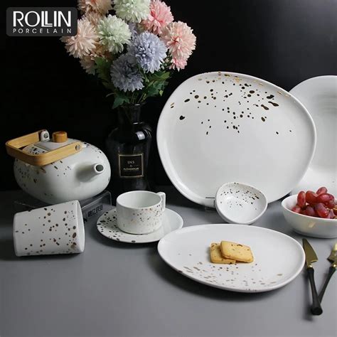 Porcelain Plates White Dinnerware Gold Decal Dinner Set - Rectangular ...