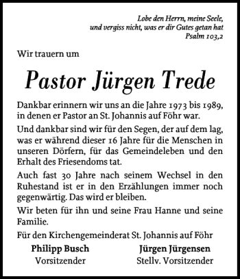 Traueranzeigen Von Pastor J Rgen Trede Sh Z Trauer