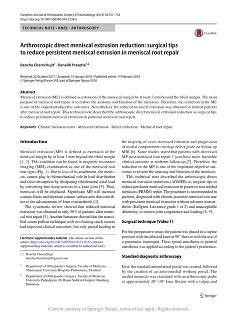 Arthroscopic Direct Meniscal Extrusion Reduction Surgical Tips To Reduce Persistent Meniscal