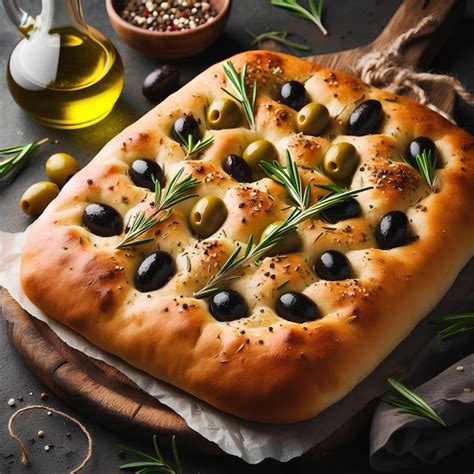 Premium Photo Focaccia With Olives And Rosemary On Wooden Cutting Board