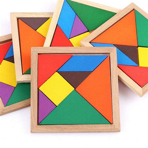 Mainan Puzzle Bentuk Tangram Kayu Dengan Kartu Pola Untuk Anak Anak Dan