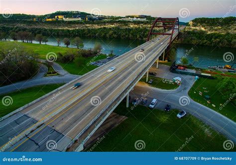 Aerial Pennybacker Bridge at Sunset with Cars Showing Motion from Long ...