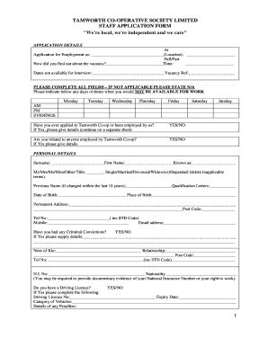 Fillable Online Tamworth CO OP STAFF APPLICATION FORM BTamworthb Co