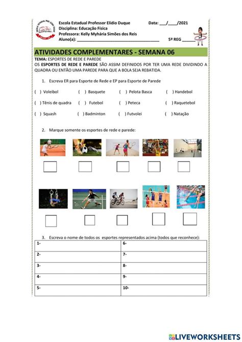 Esportes De Rede E Parede Interactive Worksheet Workbook Online