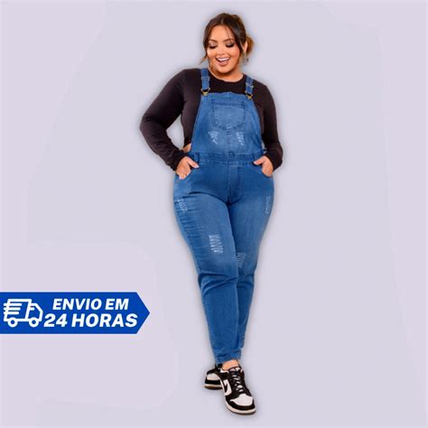 Jardineira Jeans Longa Feminina Plus Size Curve Elastano Premium