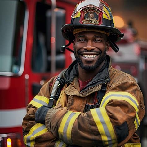 Firefighter Portrait On Duty Photo Of Happy Fireman With Gas Mask And