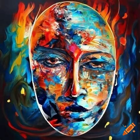 Abstract Knife Painting Of Geometric Kashmiri Face With Elements Of Zao