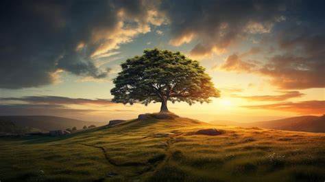 Premium AI Image | Sunset over the Oak Tree single tree under a clouded ...