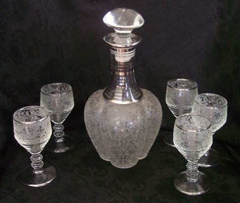 Paden City Decanter Set Silver Vintage Glass Goblets Wine Cordial