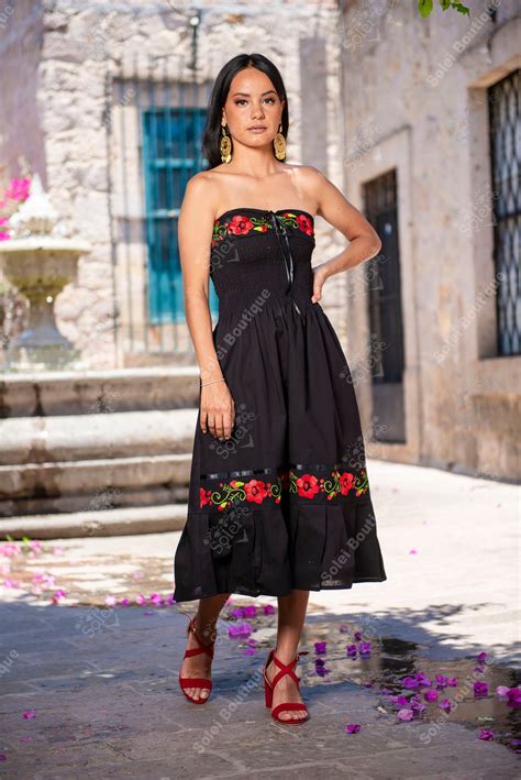 Mexican Floral Strapless Dress Hand Embroidered Mexican Etsy