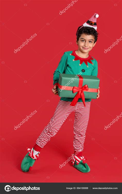 Cute Little Boy Elf Costume Gift Box Red Background — Stock Photo ...