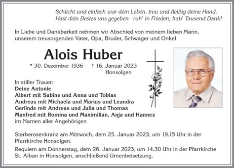 Traueranzeigen Von Alois Huber Allg Uer Zeitung