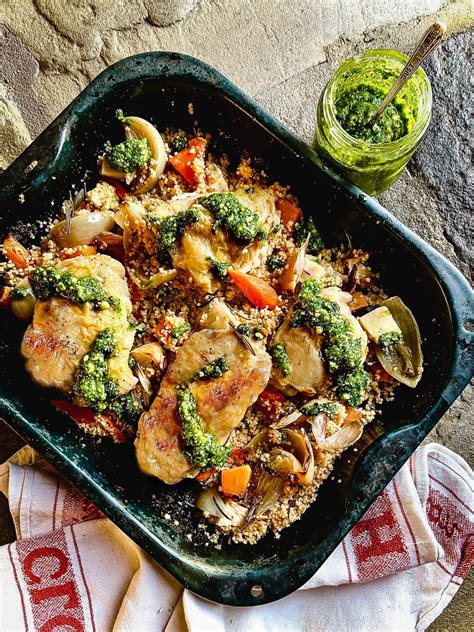 Chicken And Winter Veg Traybake With Kale Pesto And Couscous Ainsley Harriott