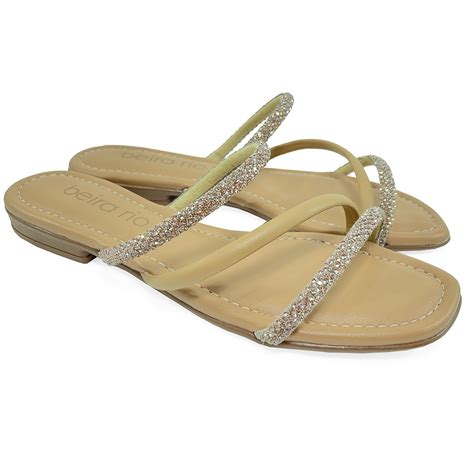 Rasteira Beira Rio Flat Tiras Strass Nude Bege