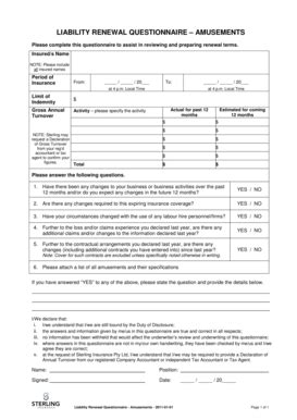 Fillable Online Liability Renewal Questionnaire Amusements Sterling