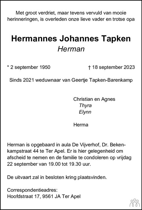 Hermannes Johannes Herman Tapken Overlijdensbericht En