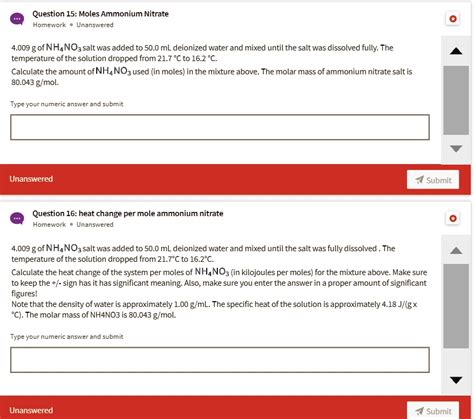 Solved Question 15 Moles Ammonium Nitrate Homework Unanswered 4009 G Of Nhanozsalt Was Added